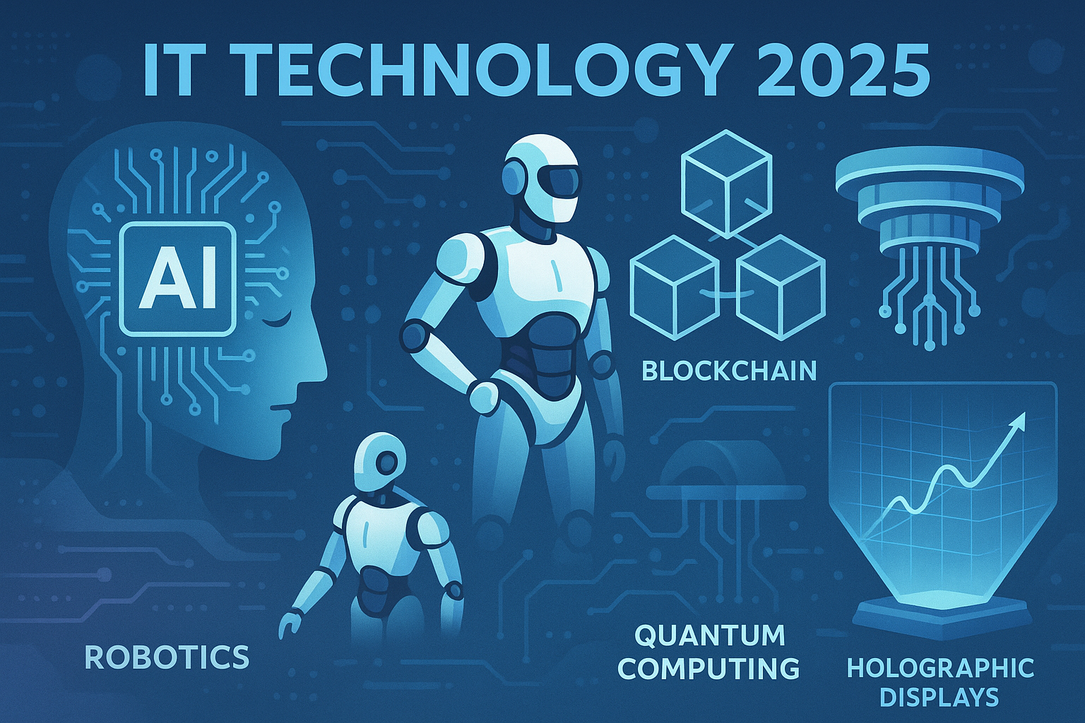 2025년 IT 기술 트렌드를 상징하는 미래형 기술 이미지