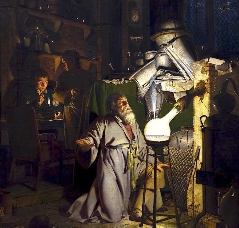 Medieval alchemist in a laboratory experimenting with glowing elixir, symbolizing the quest for the philosopher's stone and alchemical transformation