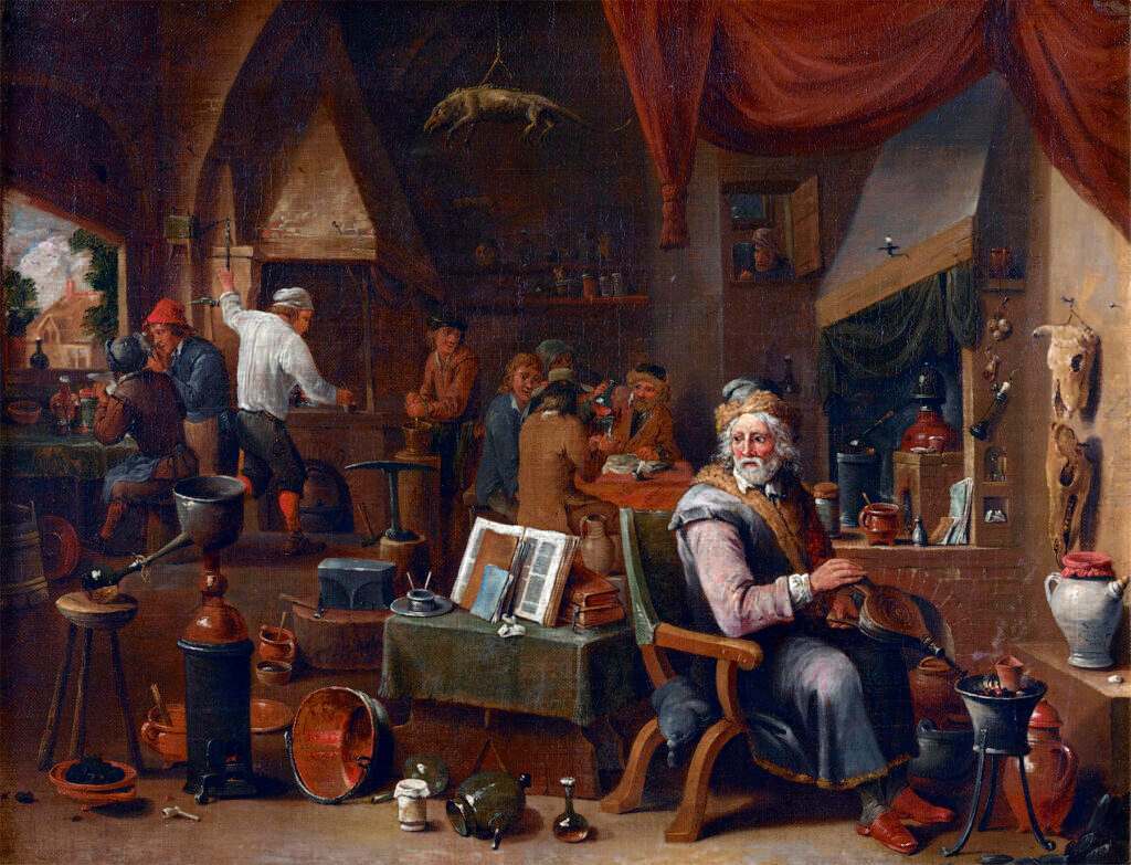 An 18th-century alchemist's laboratory with an elderly alchemist and assistants engaged in experiments, illustrating the historical context of alchemy