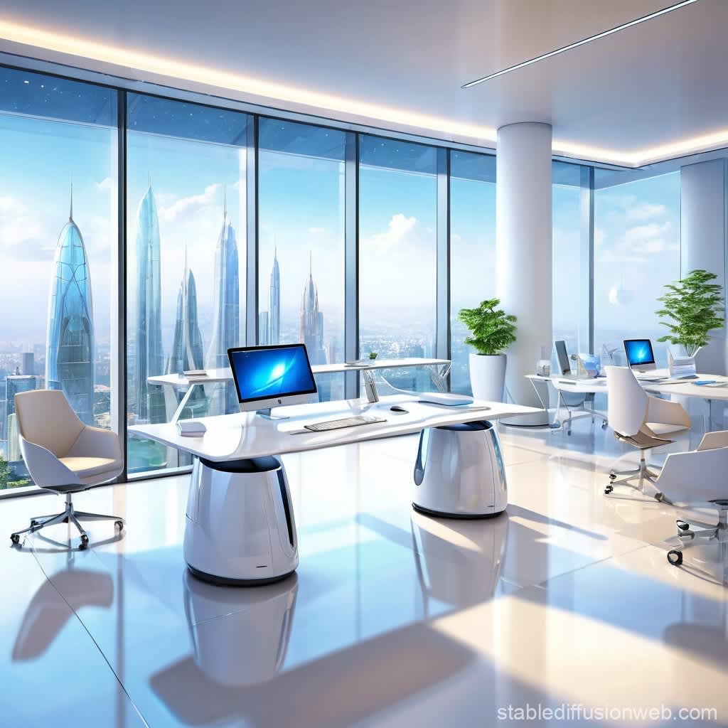 A futuristic office with large windows and modern furniture.