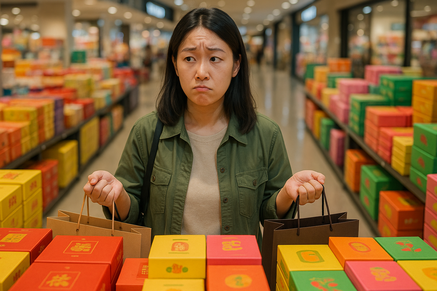 Taiwanese person shopping in a mall with colorful packaging boxes, looking indecisive