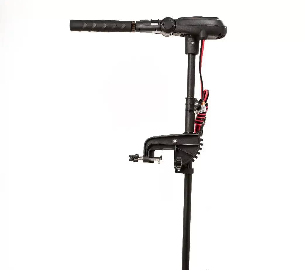 Black Haswing electric trolling motor with a tiller handle and mounting bracket
