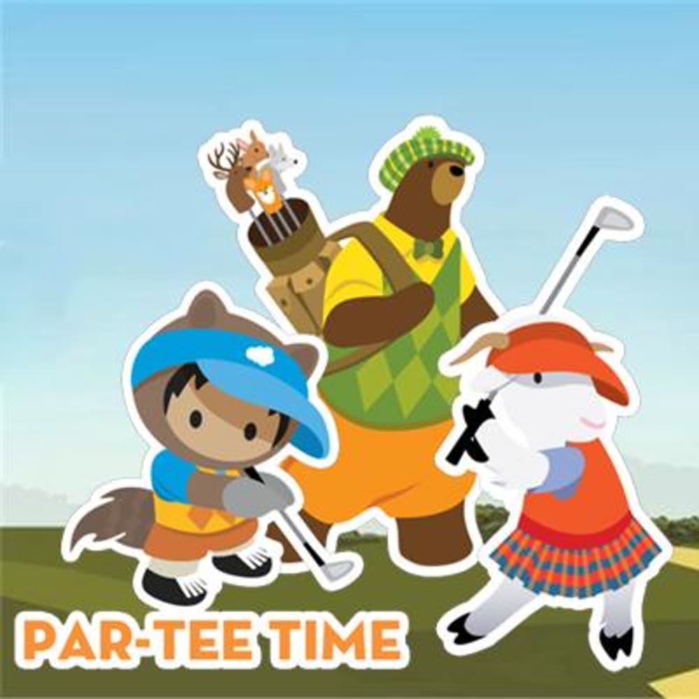 Salesforce Trailblazer mascots Astro, Codey, and a goat character enjoying "Par-Tee Time," representing community networking at Salesforce events