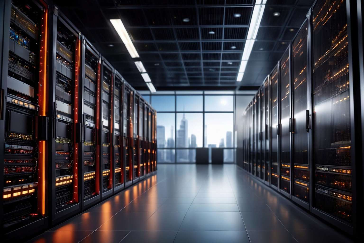 A modern data center featuring rows of servers with glowing lights, set against a backdrop of a city skyline