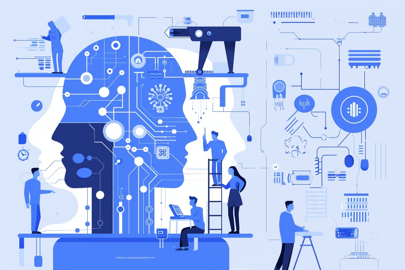 Illustration showing AI and human collaboration in content creation with digital circuits and technology elements.