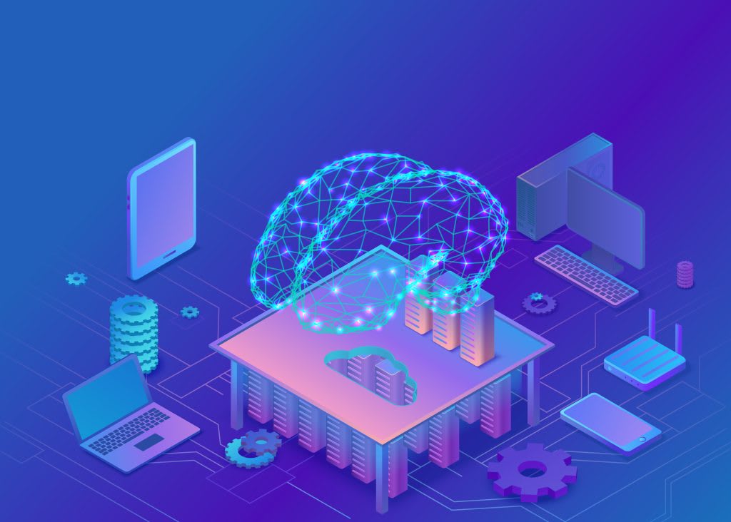 An isometric illustration depicting a polygonal brain representing artificial intelligence connected to various digital devices and cloud infrastructure, symbolizing modern technology workflows.