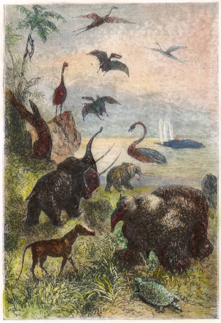 A vintage illustration from Jules Verne's Journey to the Center of the Earth, depicting a prehistoric landscape with various creatures encountered deep underground.