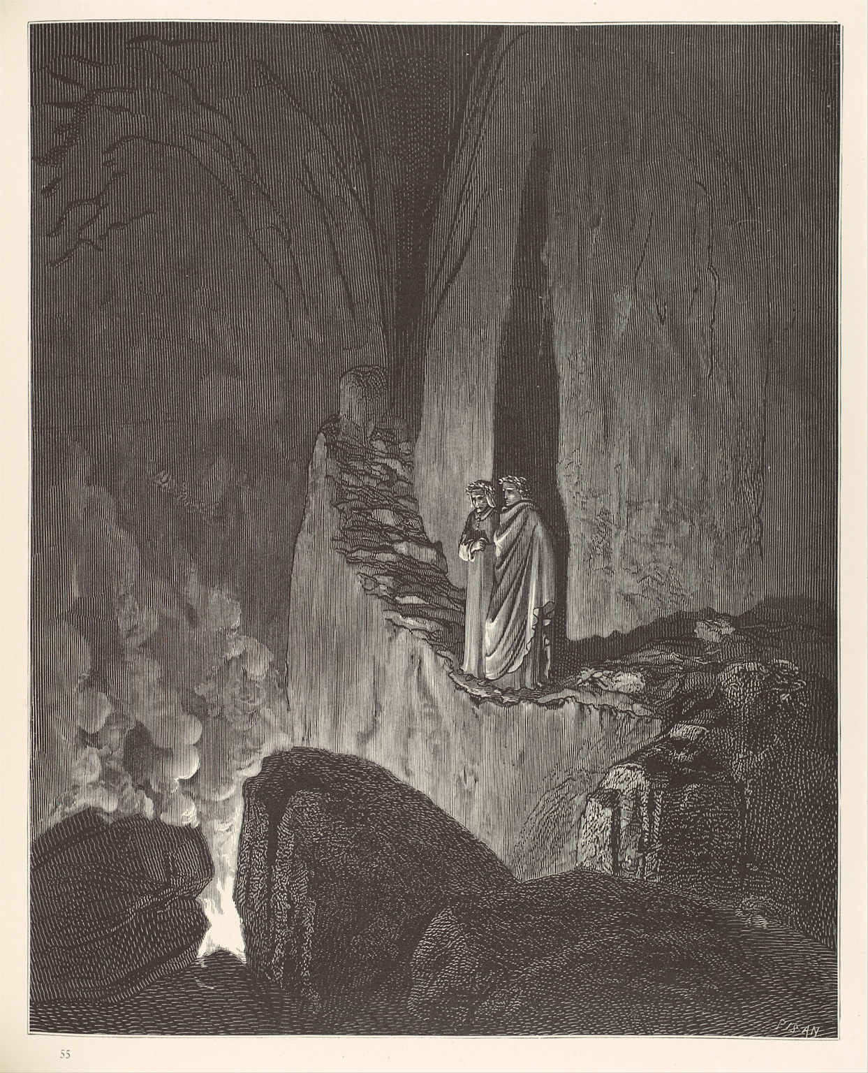 An illustration of Dante and Virgil observing the fiery depths of hell in an underground cavern.