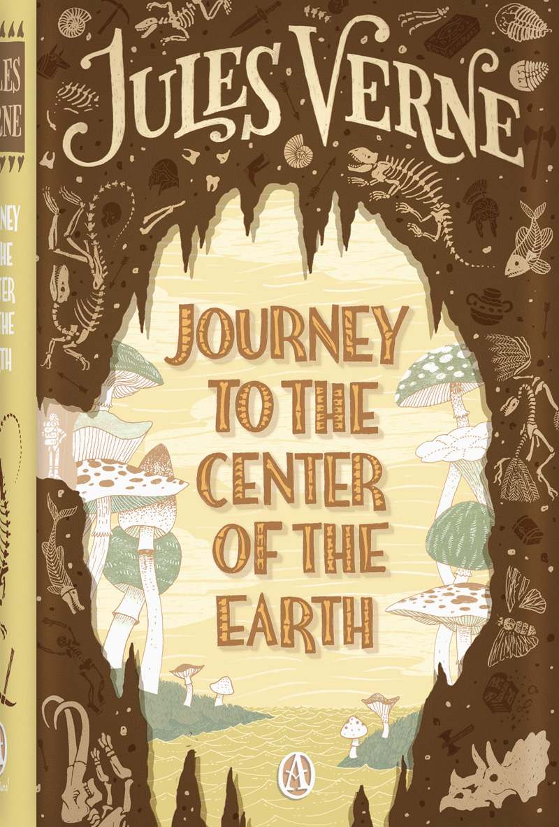 Book cover for Jules Verne's Journey to the Center of the Earth, depicting a subterranean landscape.