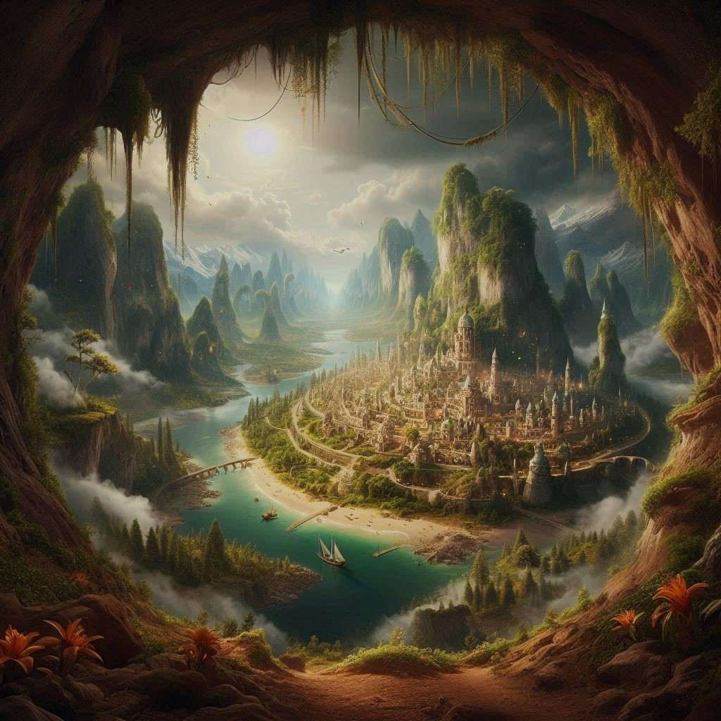 A magnificent hidden city in a lush subterranean world, illustrating a mythical underground kingdom.