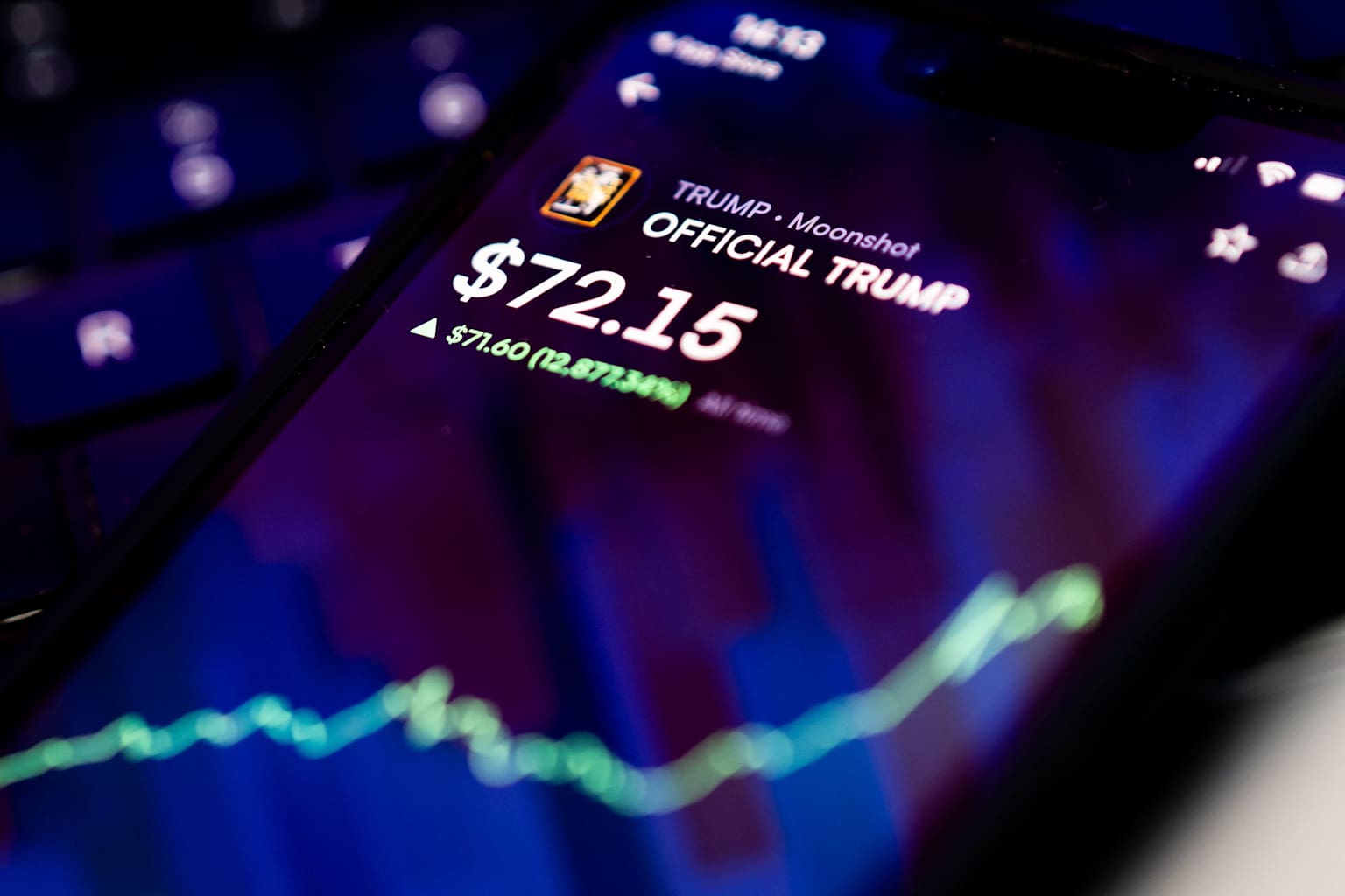 Price and market data of the Official Trump Meme Coin (TRUMP) displayed on a smartphone screen