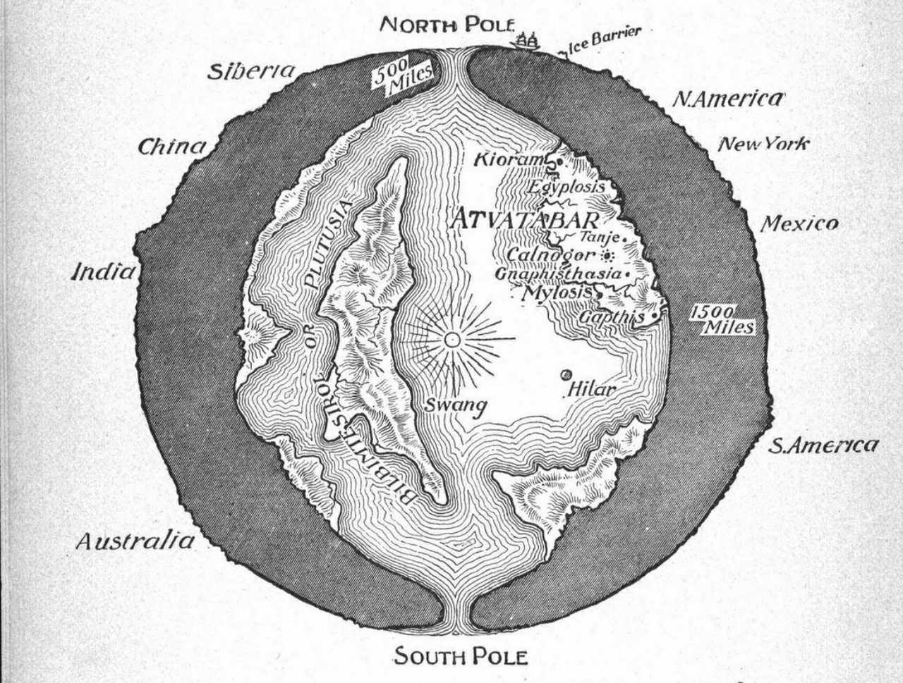 Cross-section illustration of the Hollow Earth theory, depicting an inner world with continents and a central light source.