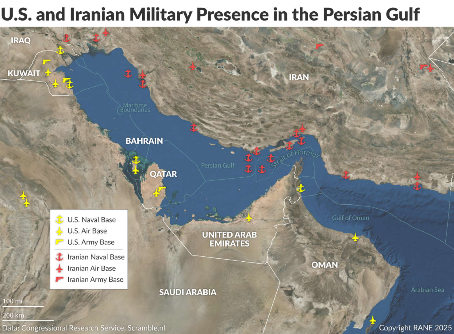 Map showing U.S. and Iranian military bases and their strategic locations in the Persian Gulf, illustrating the geopolitical landscape for GCC states