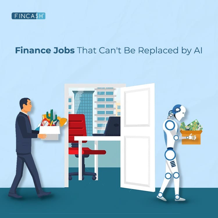Illustration contrasting human finance jobs and AI automation, highlighting finance roles that AI cannot replace