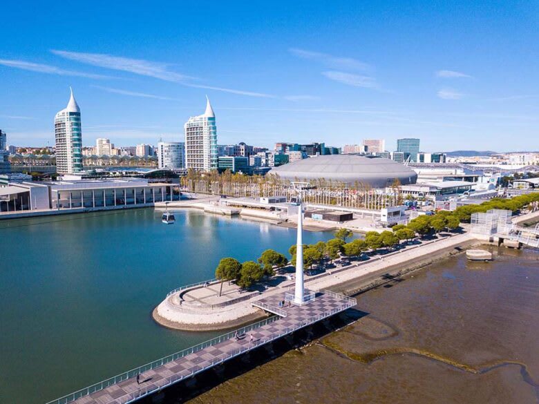 An aerial view of the modern Parque das Nações business district in Lisbon, Portugal
