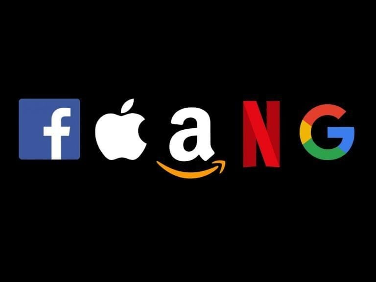 The logos of the five FAANG companies: Facebook, Apple, Amazon, Netflix, and Google