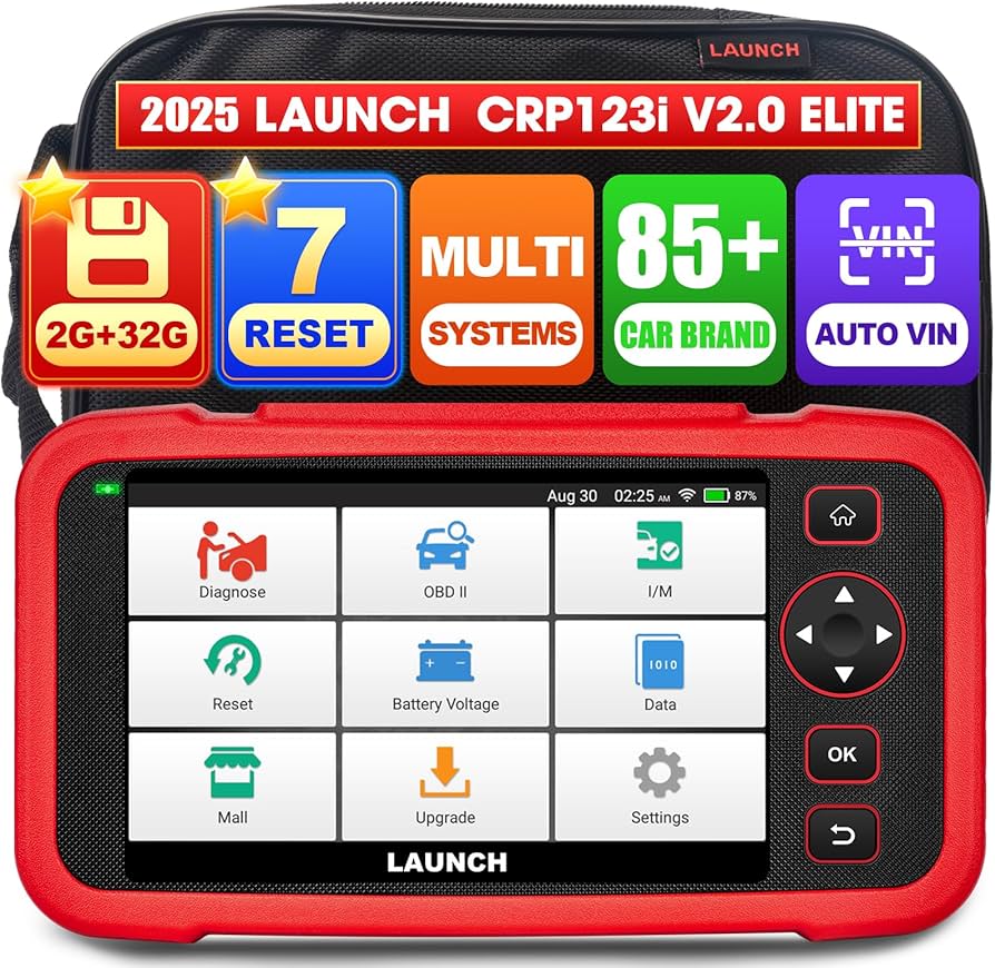 An automotive OBD2 diagnostic scanner, such as the Launch CRP123i, is crucial for assessing the electronic health of used car parts like engines and ECUs