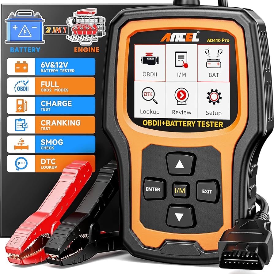An Ancel AD410 Pro OBDII scanner and battery tester, a versatile diagnostic tool for assessing vehicle engine systems and battery health