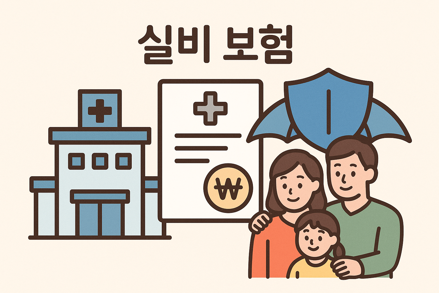 Illustration related to 실비 보험 showing hospital, medical bills, and family protection