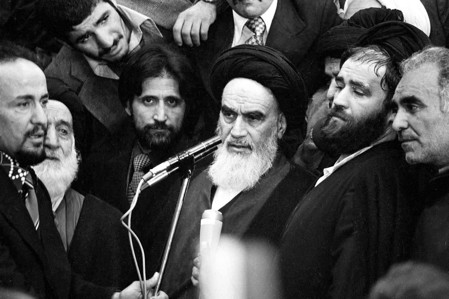 Ayatollah Khomeini addressing supporters during the 1979 Iranian Revolution