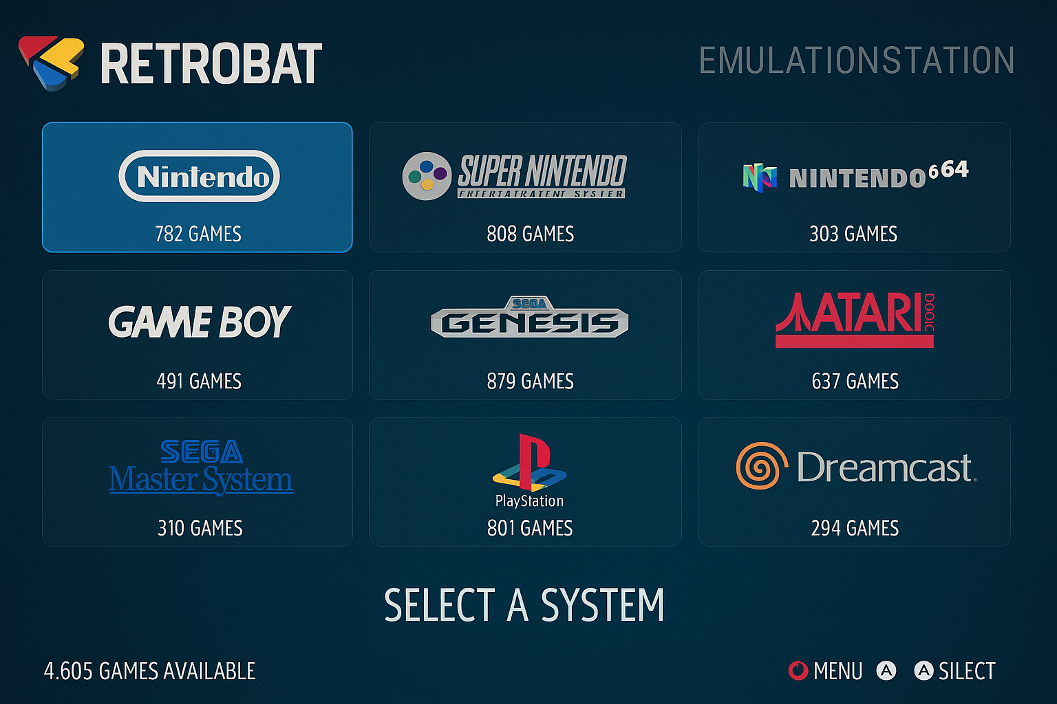Interfaz de RetroBat con EmulationStation mostrando sistemas de consolas retro