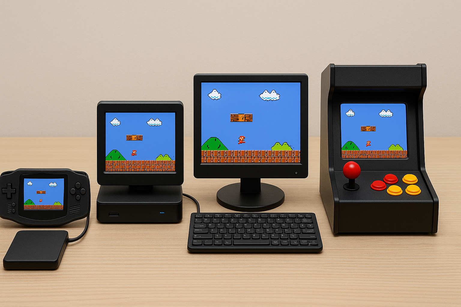 Diferentes configuraciones de RetroBat: portátil, mini PC y gabinete arcade