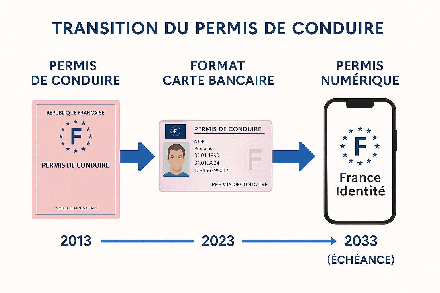 Infographie illustrant la transition du permis rose vers le format carte bancaire et numérique, avec les dates clés jusqu'à 2033