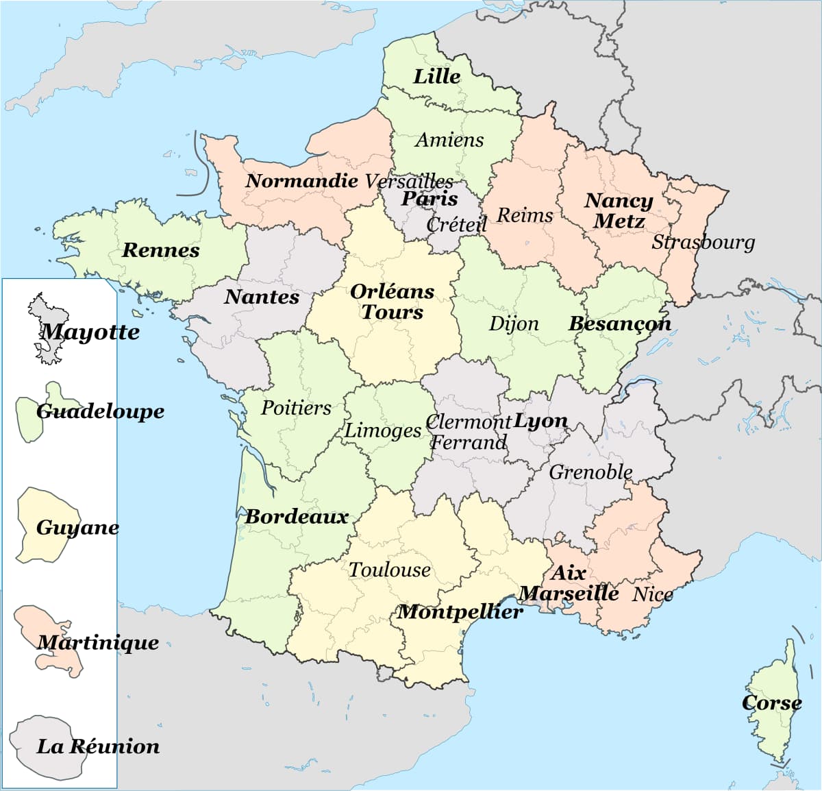 Map showing the educational academies across metropolitan France and its overseas departments and regions (DROM)