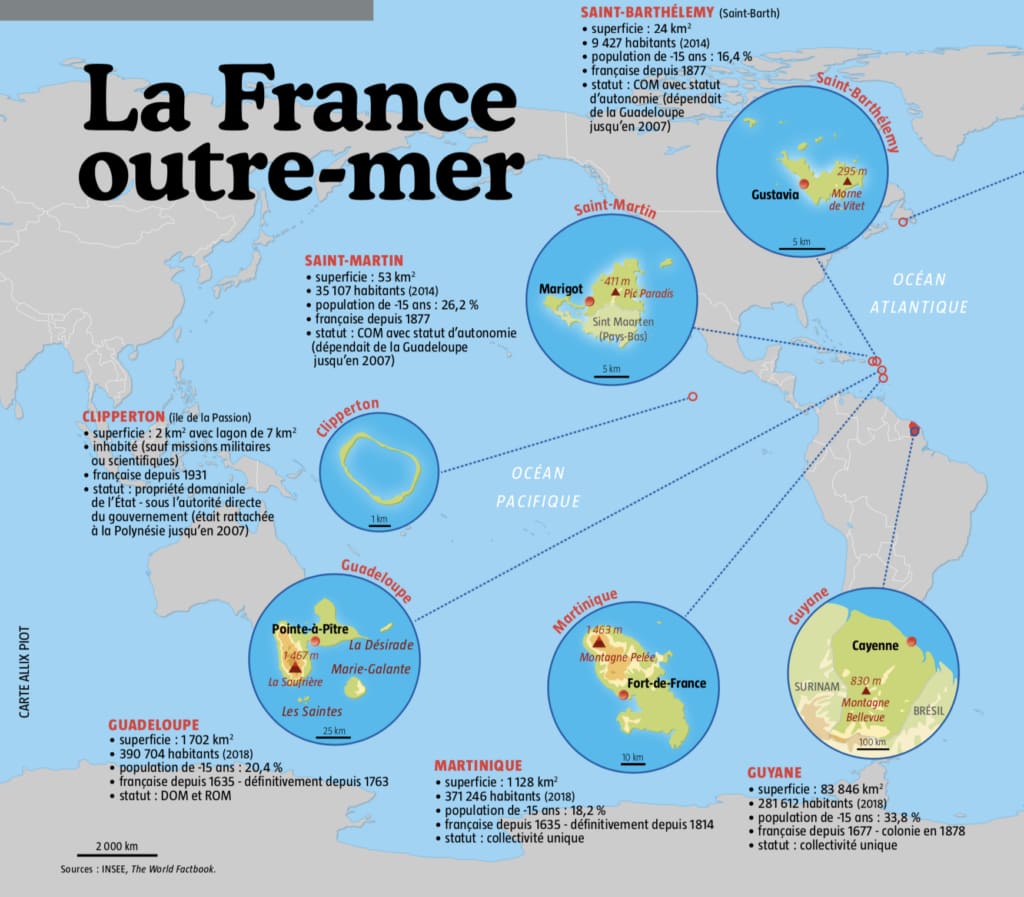 Map of French overseas territories, detailing their geography, population, and administrative status