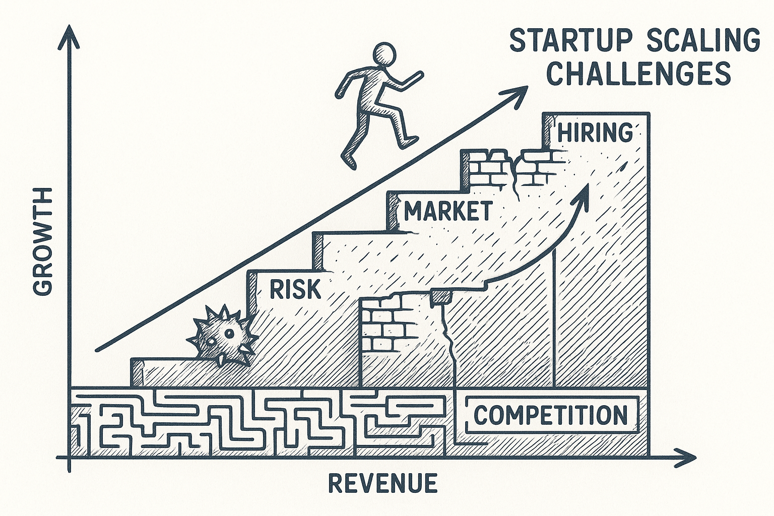 Startup scaling challenges and pathways detailed line art diagram