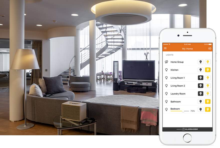 Smart home automation app interface showing remote control of lighting in various rooms, useful for simulating presence during vacation