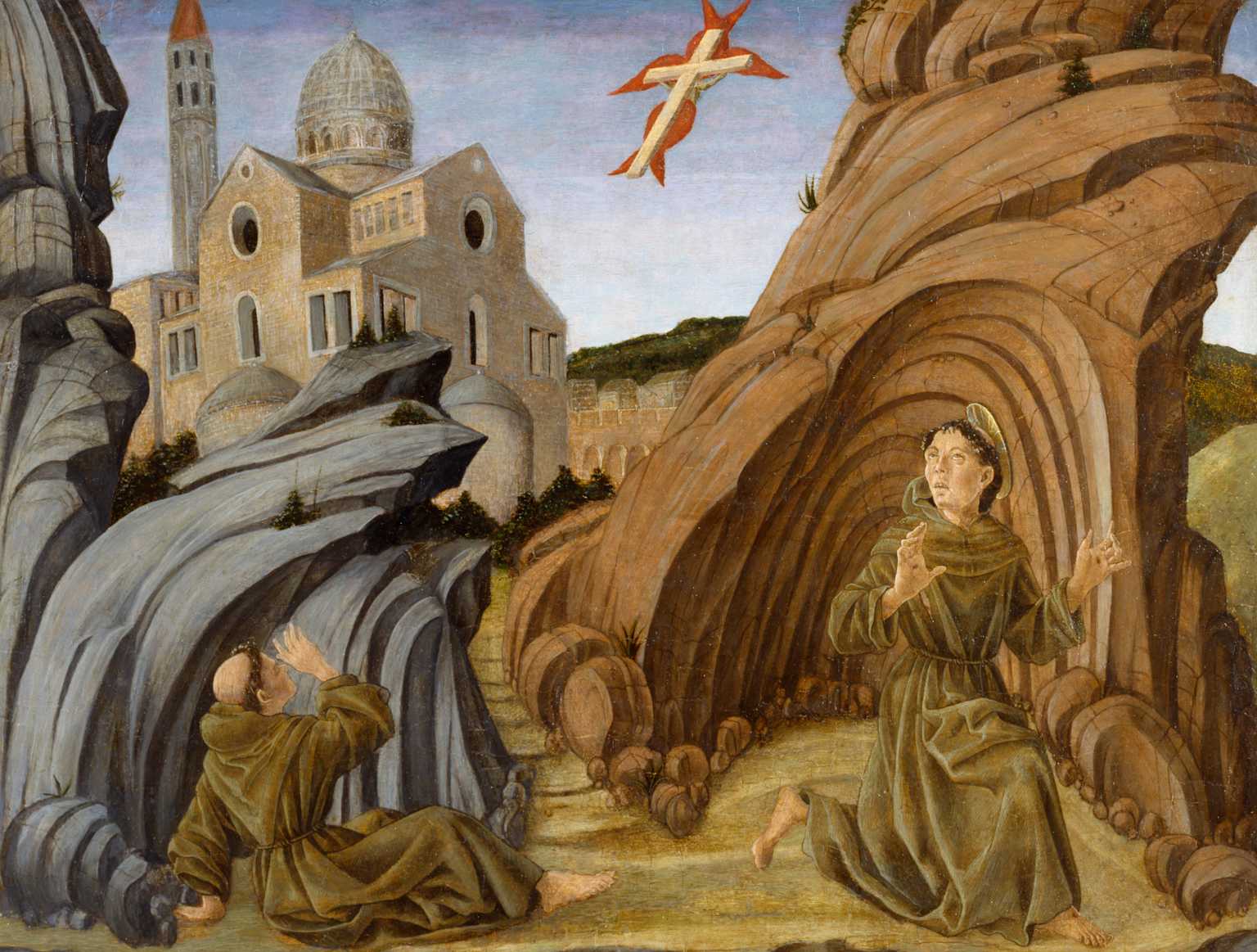 Saint Francis of Assisi receives the stigmata from a winged crucifix in this medieval artwork
