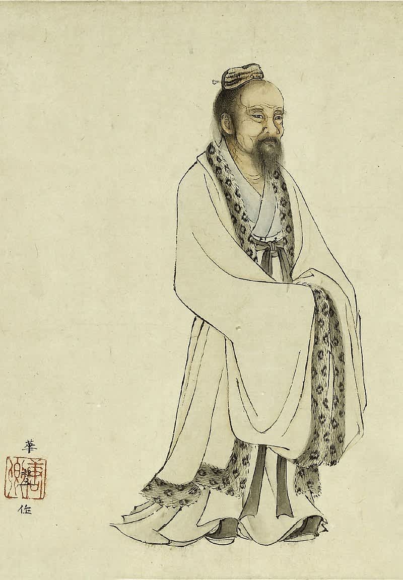 A traditional painting of Laozi, the founder of Taoism, in flowing robes
