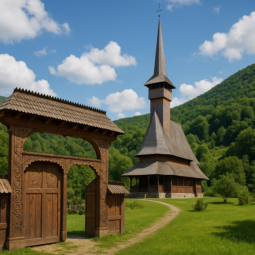 A traditional wooden church in Maramures, Romania with its distinctive tall spire and shingled roof - a UNESCO World Heritage site https://linktr.ee/jtravels7