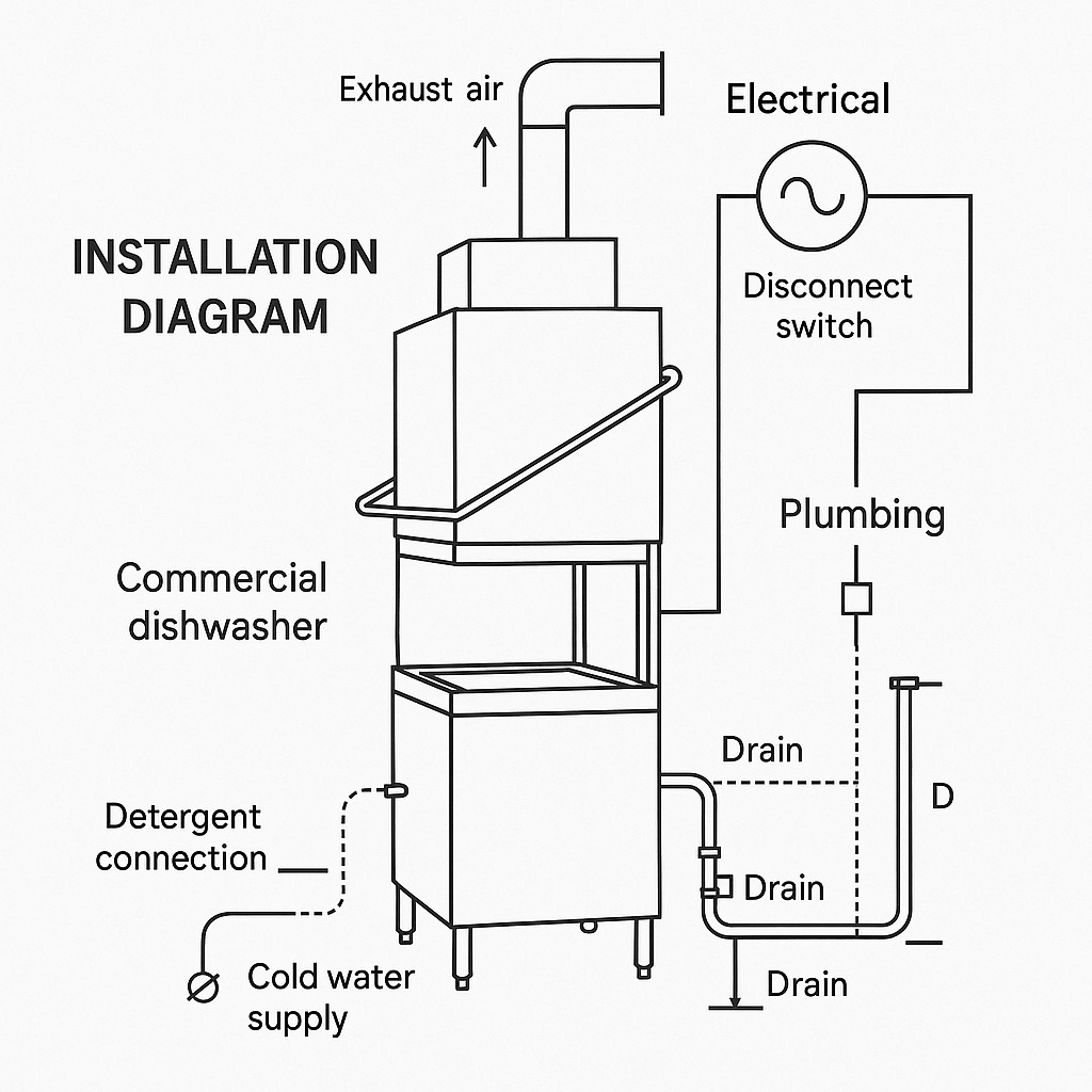 Commercial dishwasher installation schematic showing electrical, plumbing, and ventilation connections