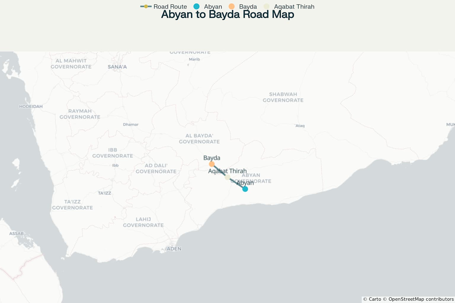 Map showing the road route between Abyan and Bayda in Yemen including the Aqabat Thirah mountain pass
