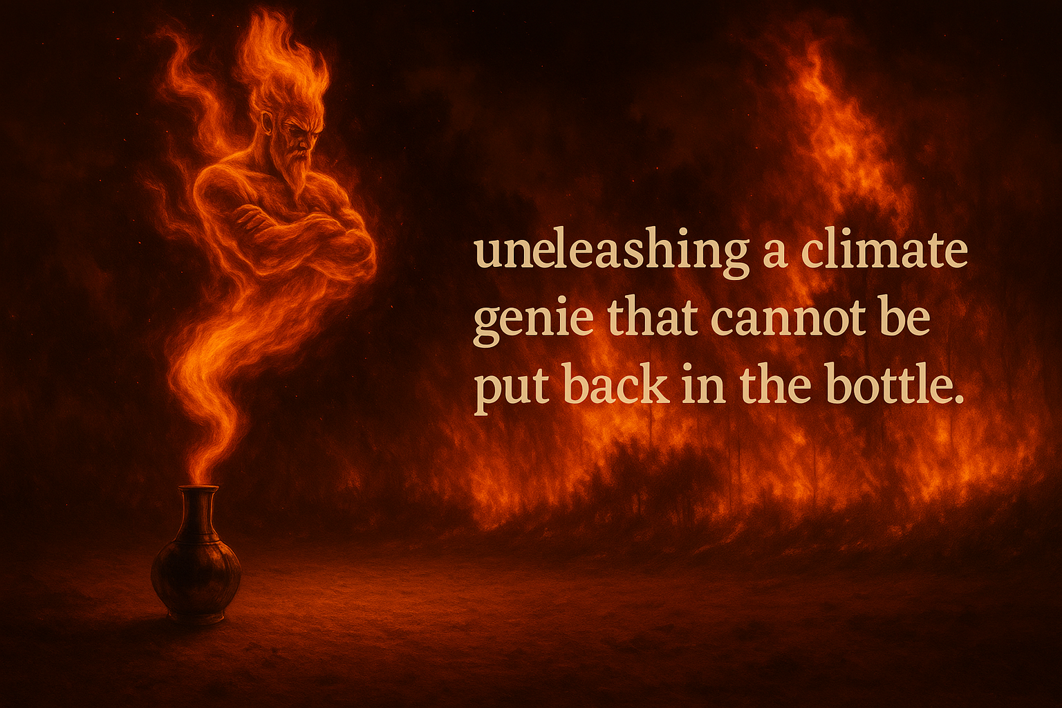 Fiery genie with wildfire background and text to the right