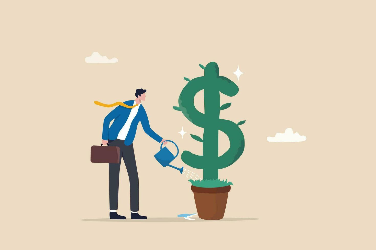 A man waters a dollar sign plant, symbolizing the cultivation and growth of investments