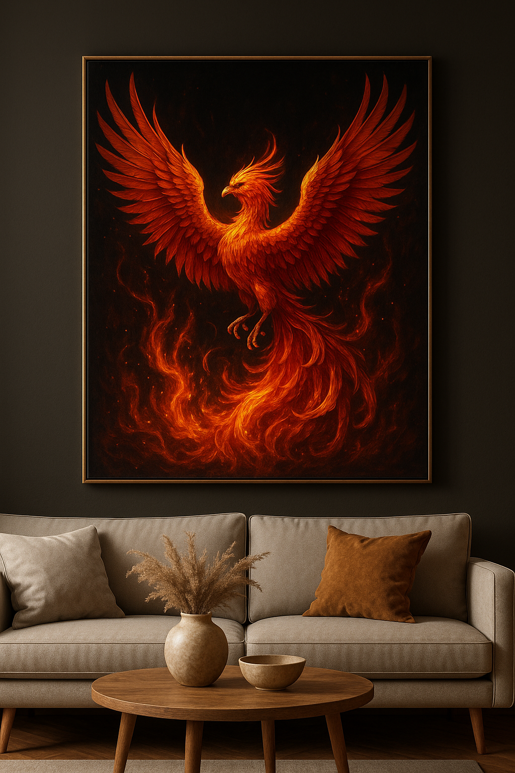 Majestic phoenix wall art with vibrant fiery colors against dark background