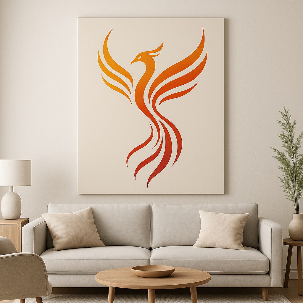 Minimalist abstract phoenix wall art in modern living room setting