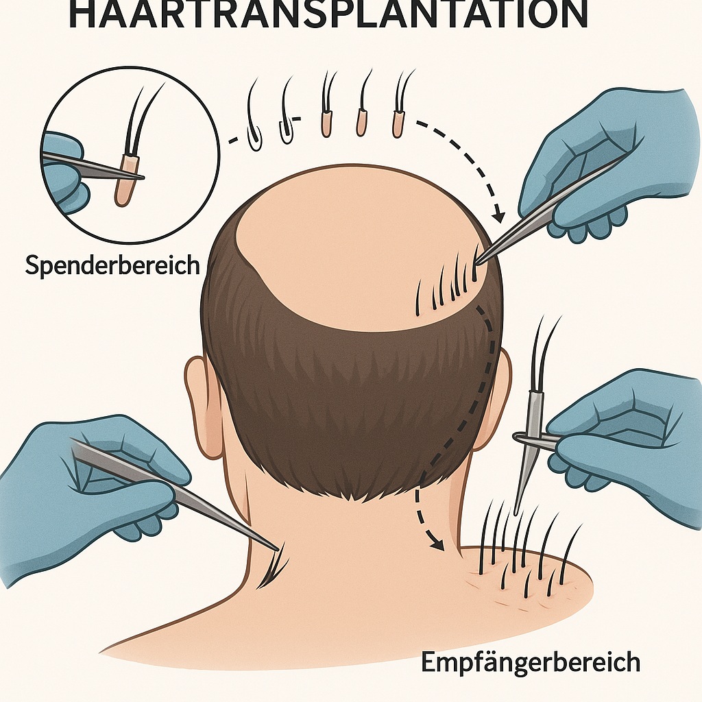 Medizinische Illustration einer Haartransplantation: Übertragung von Haarfollikeln vom Spenderbereich am Hinterkopf zum Empfängerbereich