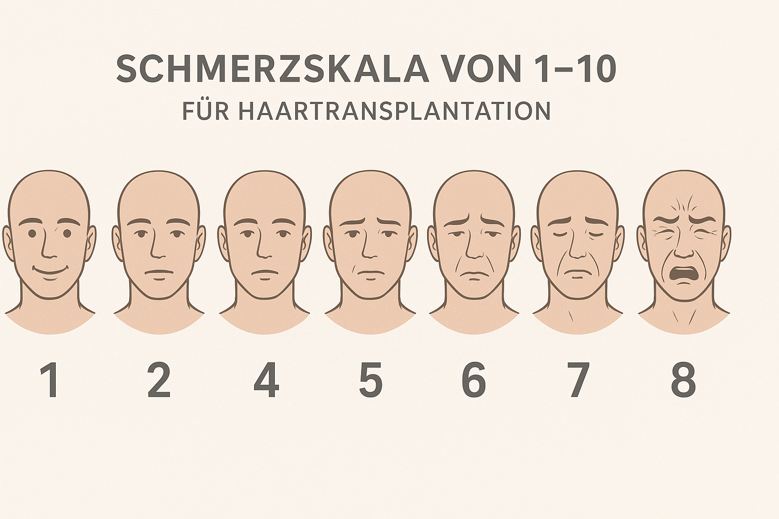 Schmerzskala für Haartransplantationen: Visuelle Darstellung der Schmerzintensität von 1 (minimal) bis 10 (maximal)