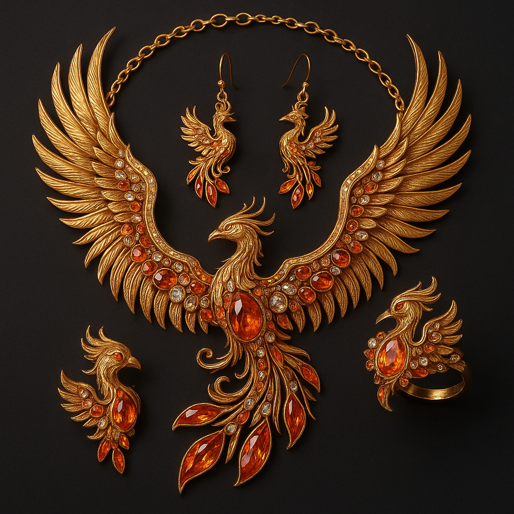 Elegant phoenix jewelry set featuring a necklace, earrings and bracelet with red and orange crystals
