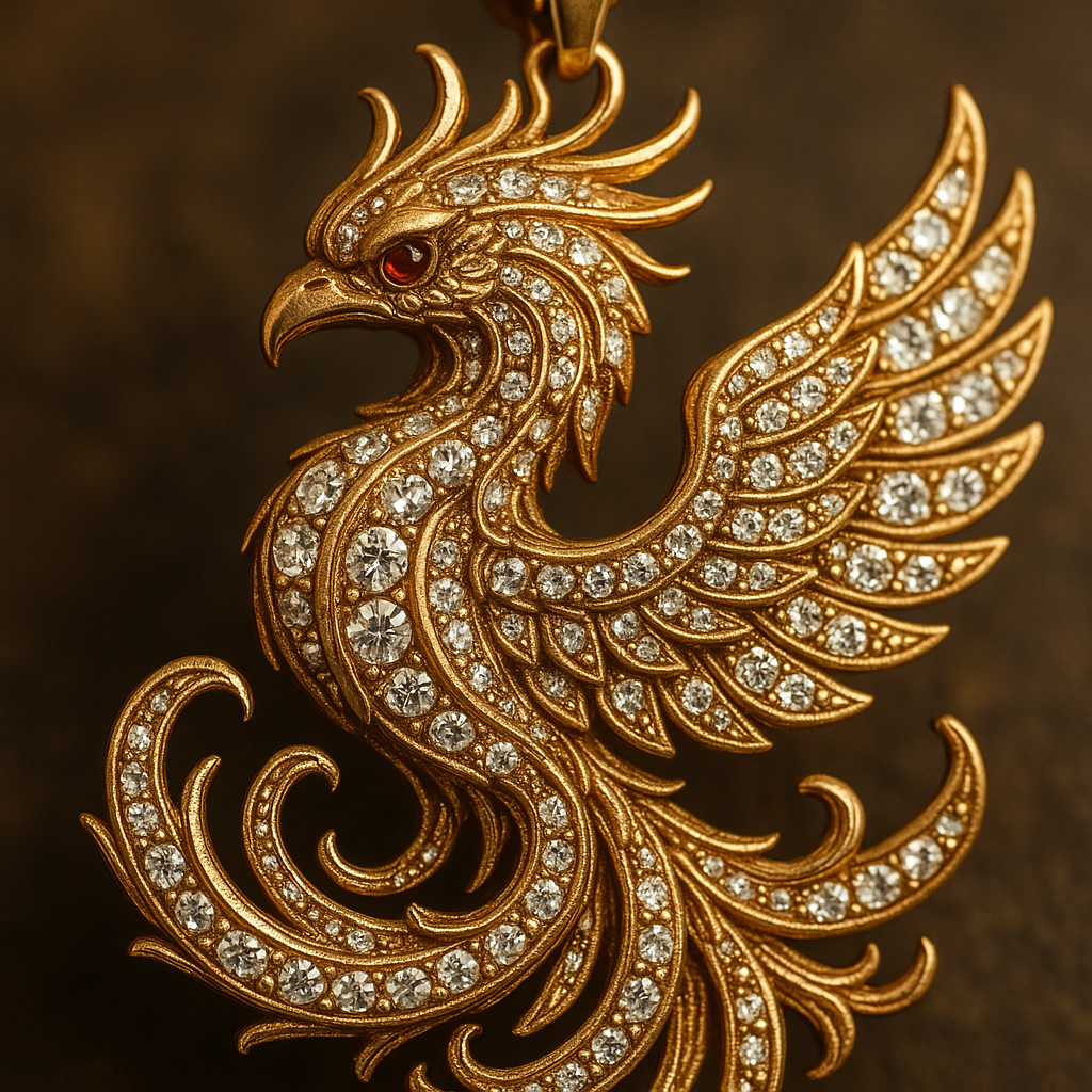 Detailed view of a phoenix pendant featuring intricate metalwork and vibrant crystals