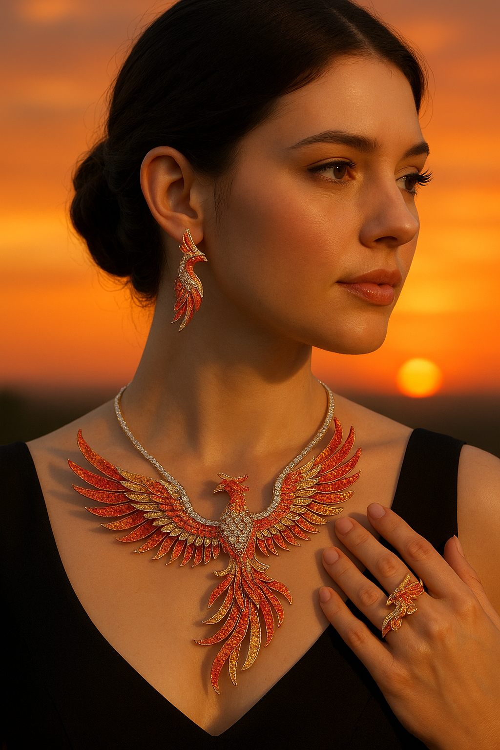 Model showcasing a complete phoenix jewelry set with crystals against a warm sunset backdrop