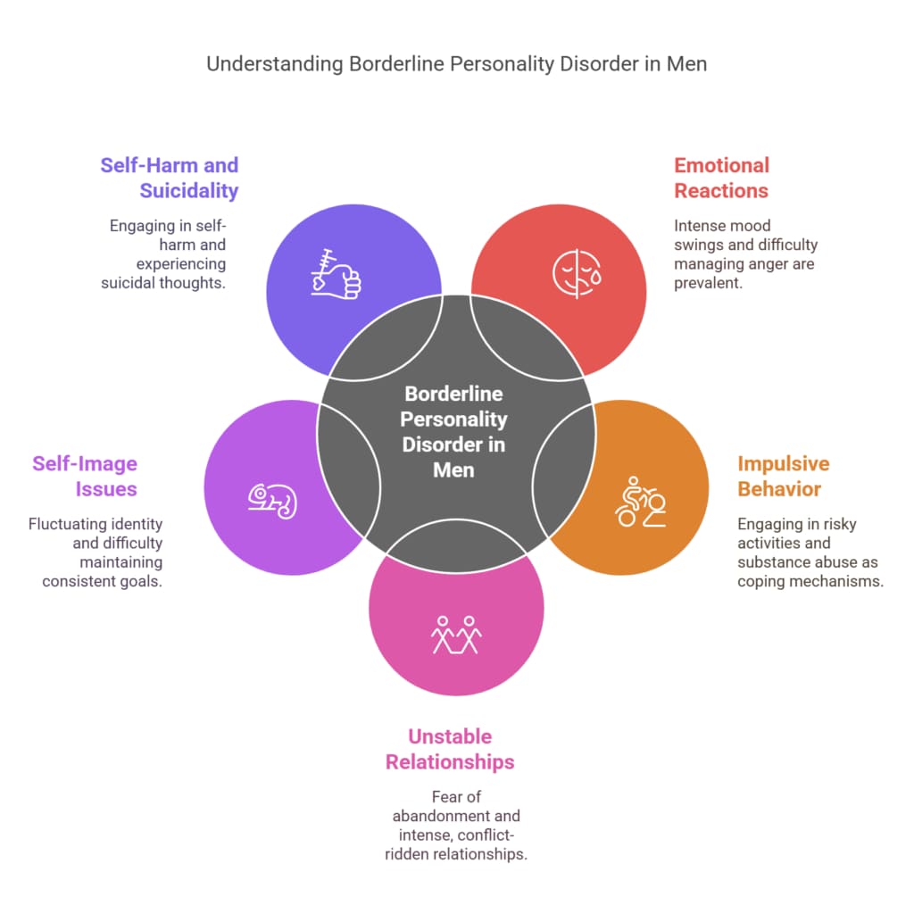 Diagram illustrating key signs of borderline personality disorder in men, including self-harm, emotional reactions, impulsive behavior, unstable relationships, and self-image issues
