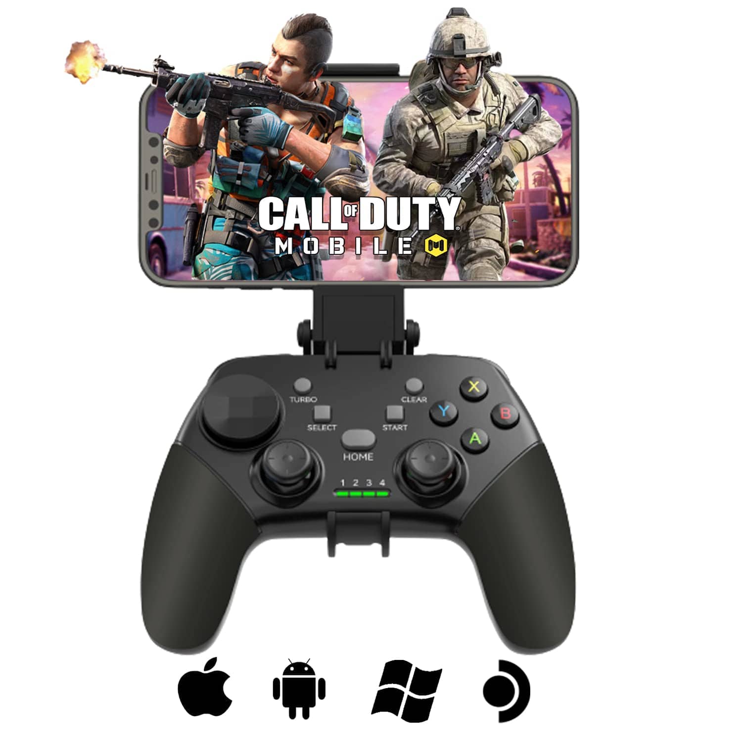 A mobile gaming controller with a smartphone displaying 'Call of Duty Mobile,' highlighting cross-platform compatibility.