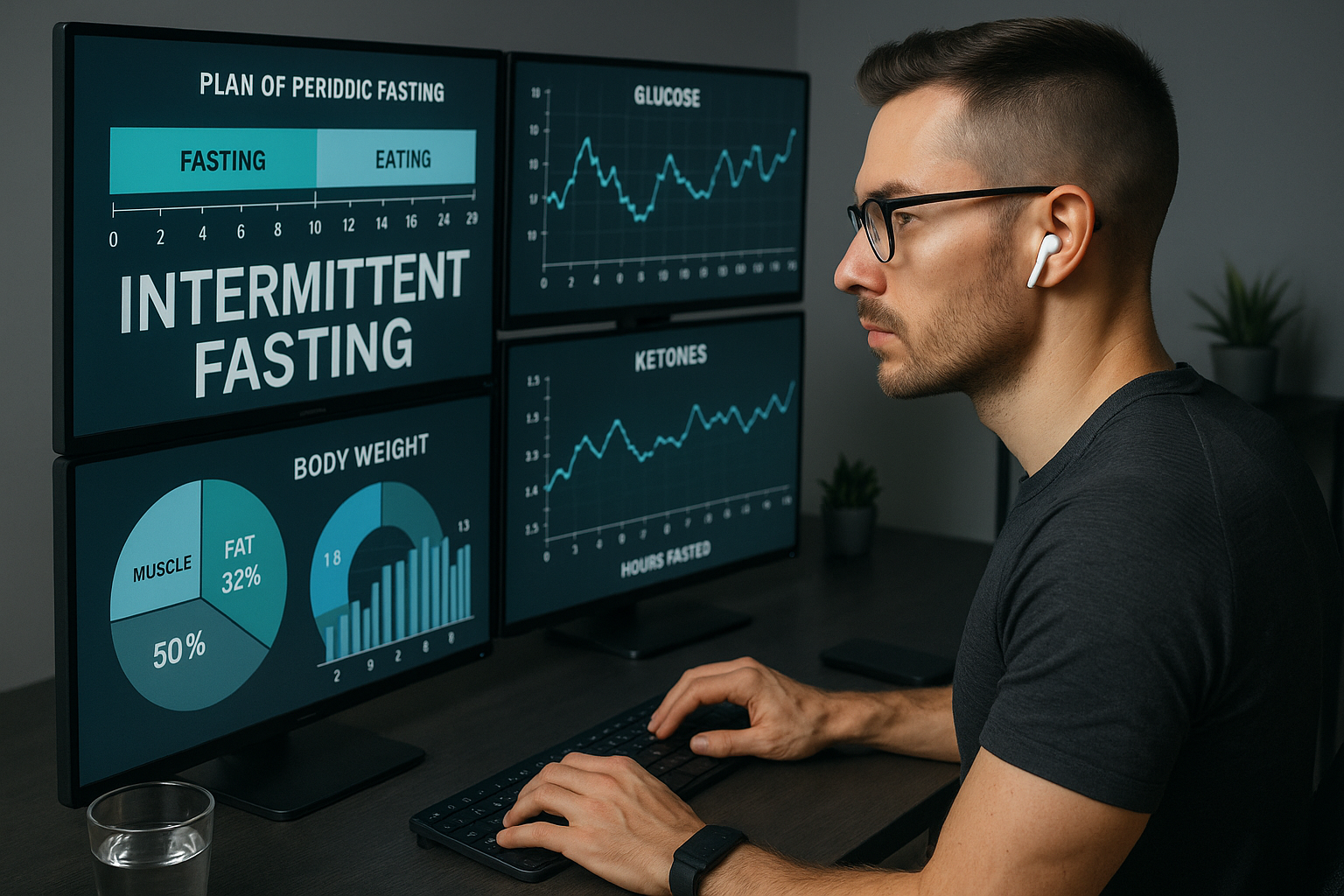 Biohacker analyzing personalized intermittent fasting data with advanced monitoring technology
