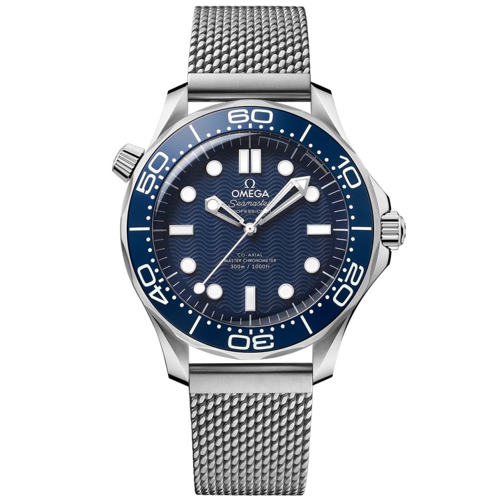 An OMEGA Seamaster Diver 300M watch with a blue dial and stainless steel mesh bracelet