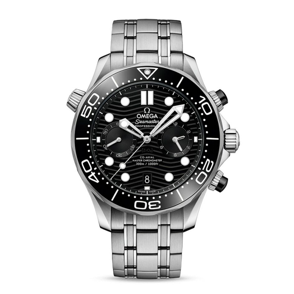 A detailed view of the OMEGA Seamaster Diver 300M Chronograph watch, featuring a black wave-patterned dial and stainless steel bracelet